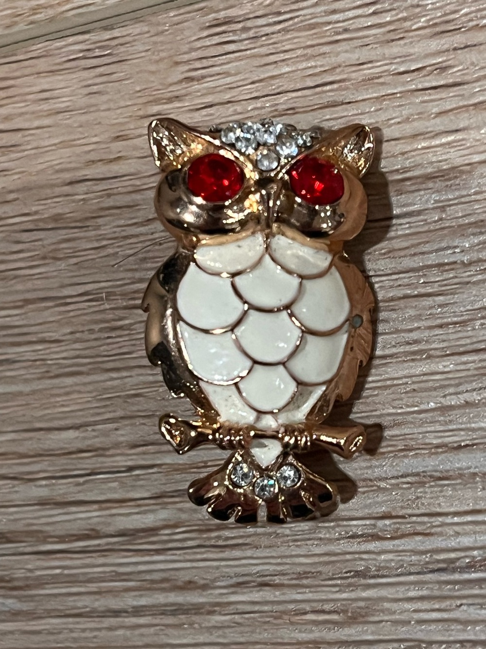 Gold-Tone Owl Brooch with White Enamel and Red Crystal Eyes